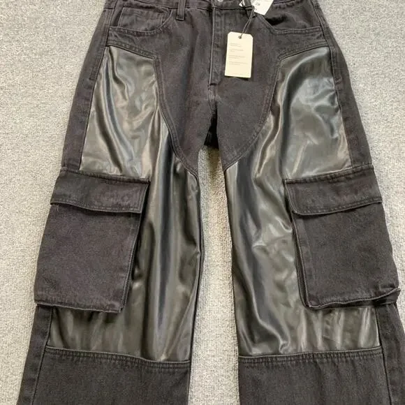 Forever 21 Pants Womens 28 Mixed Media Cargo Faux Leather Paneled Wide Straight - Picture 3 of 13